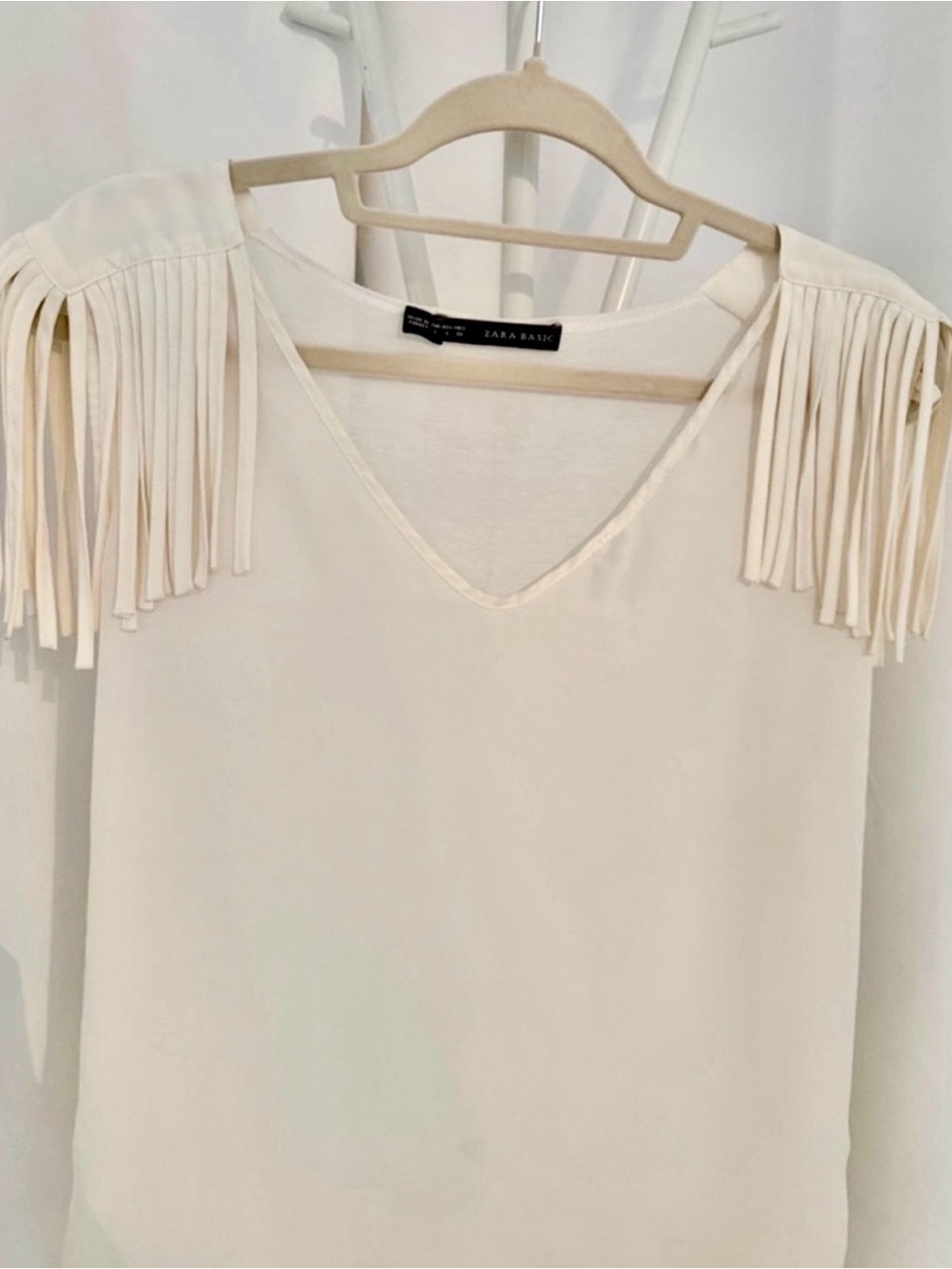 Zara cream fringe shoulder blouse